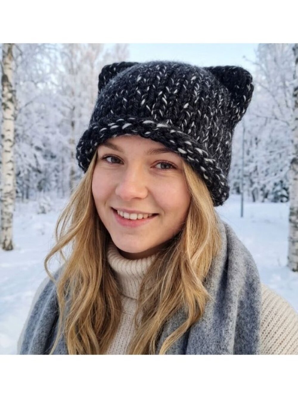 OZ Chunky Hand-Knit Hat cat Adult unisex Beanie hats Black white Soft cozy